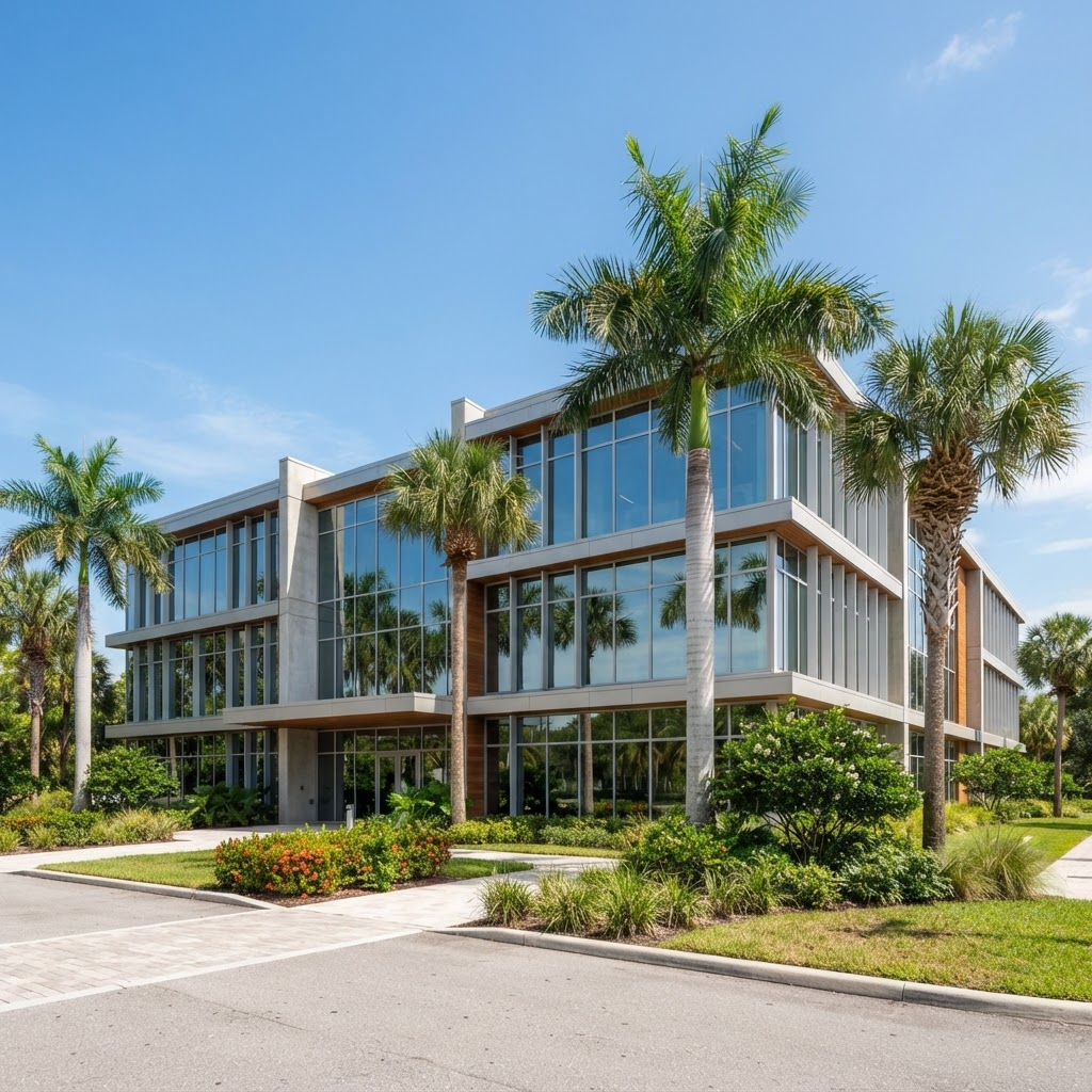 Modern office building exterior with a glass facade and palm trees