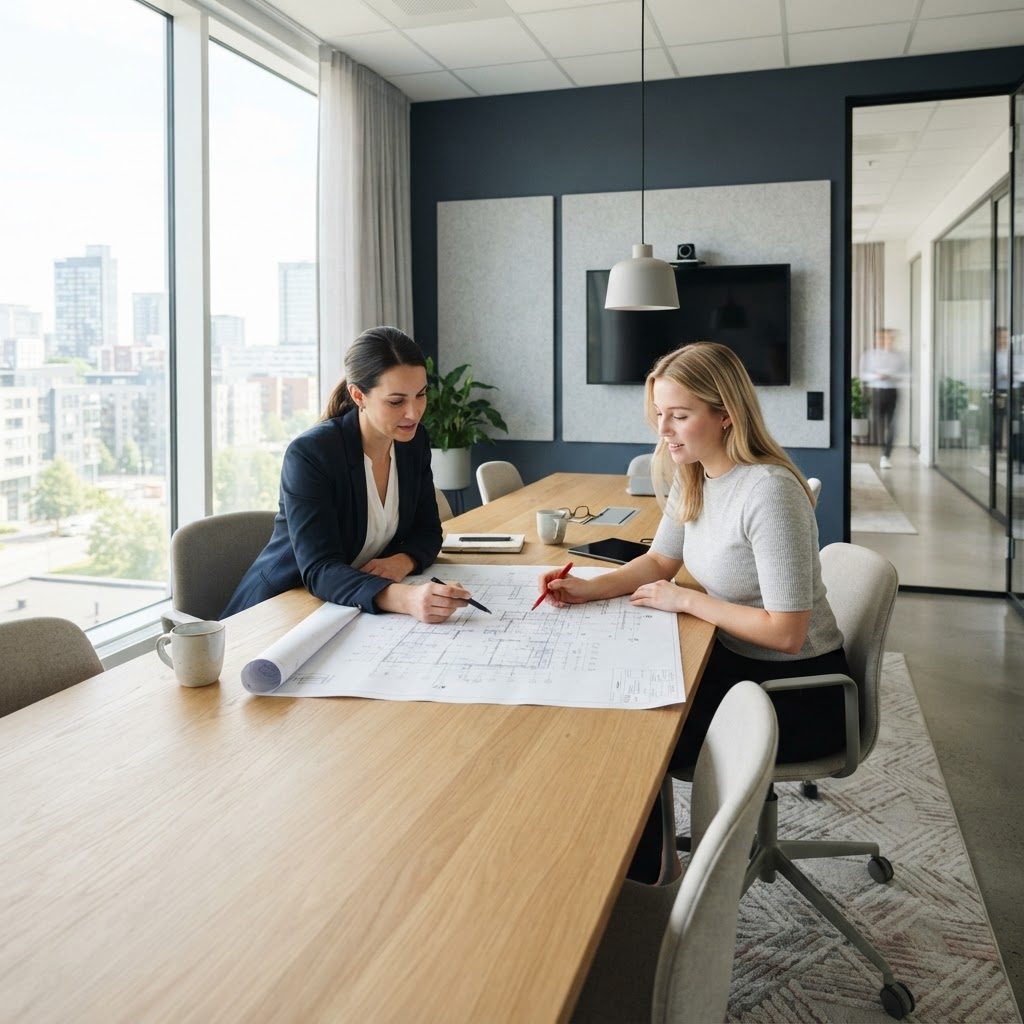 Two colleagues reviewing a printed business plan in a bright meeting room